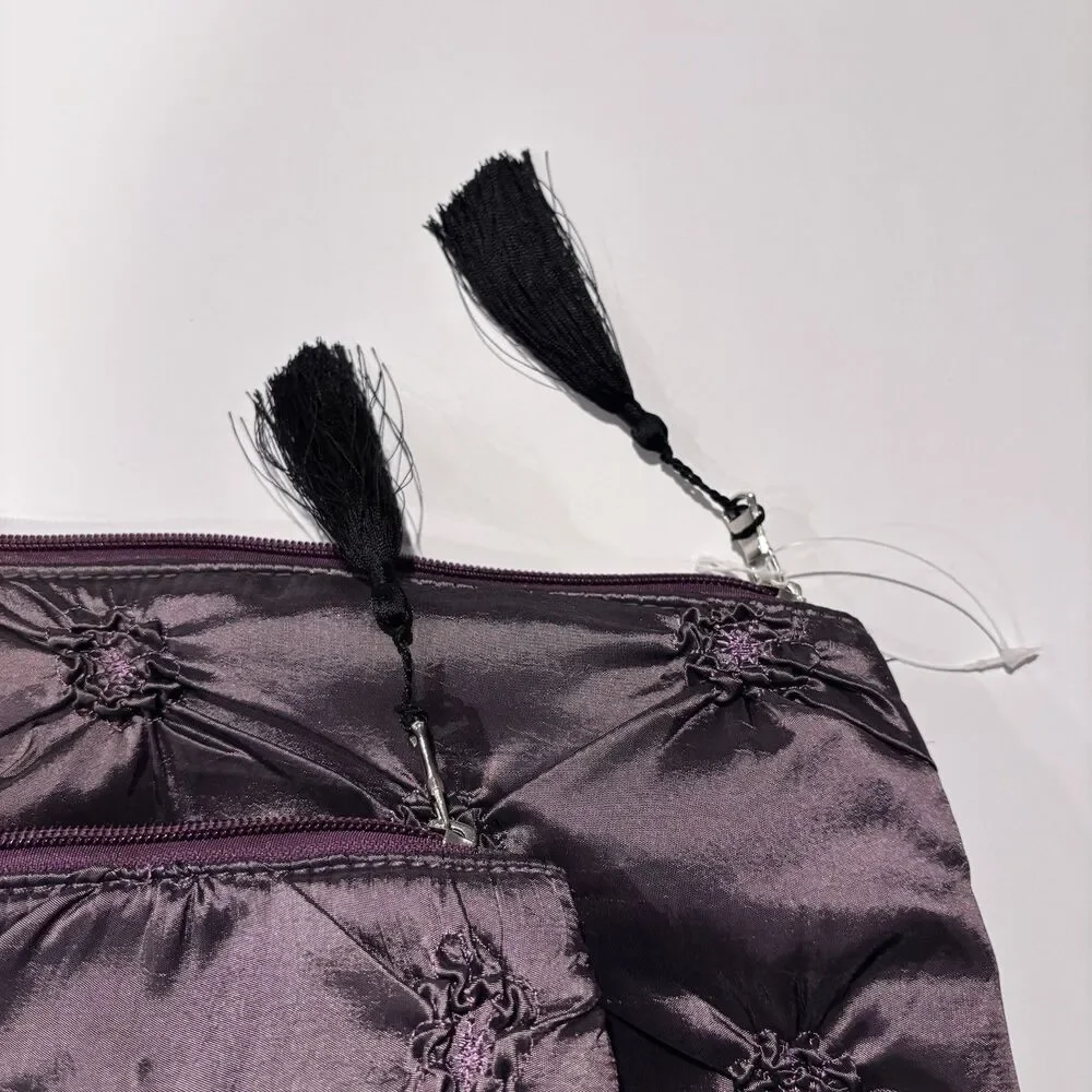 Purple Satin Pintuck Cosmetic Makeup Travel Bag Set 2 Pieces Tassel Zipper NWOT